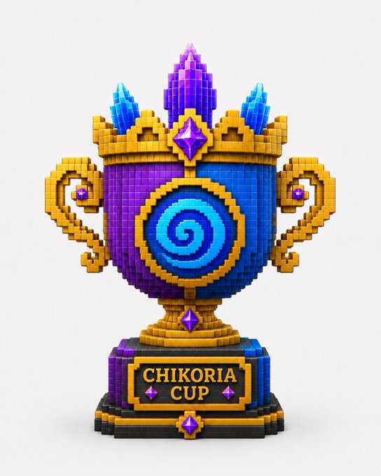 The image features a small, intricately designed trophy made of colorful blocks that resembles a cup or vase with a crown on top. The text "CHIKORIA CUP #2 - TODAY! 8:00 PM PHT 12:00 PM UTC 5:30 PM ET 8:16 Legendaries double elimination 4 SOL pool 100 Glory to enter chikimonsters.com". This trophy is likely used for the Chikoría Cup, a popular video game that has been around since its release in 2006. The post seems to be promoting or celebrating the achievements of the Chikoría Cup, possibly highlighting a specific moment or milestone related to it.