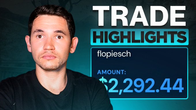 A man with a serious expression appears next to a "TRADE HIGHLIGHTS" graphic showing "flopiesch" with an amount of $2,292.44, likely highlighting a profitable Solana trade from the accompanying recap video.