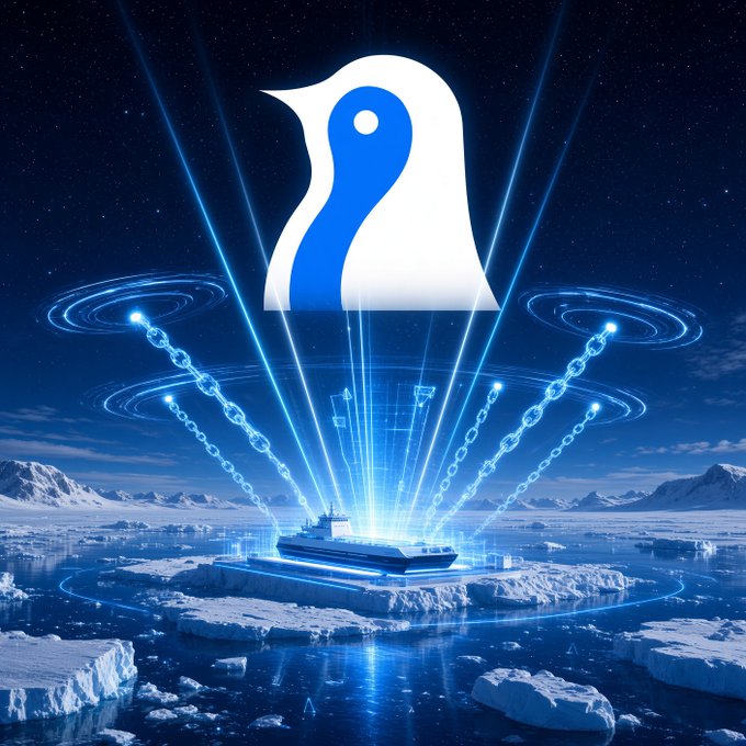 A Penguin crypto logo hovering over an icy seascape with a ship, illuminated by blue light beams and glowing chains.