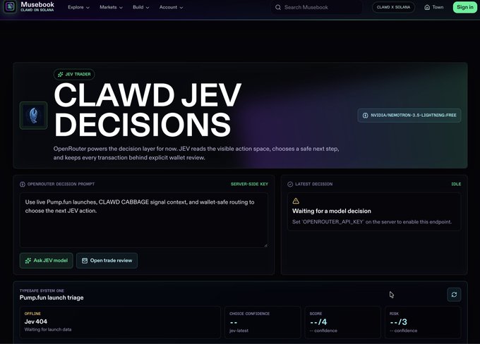 A screenshot of 'MUSEBOOK: CLAWD ON SOLANA' showing a 'CLAWD JEV DECISIONS' dashboard with OpenRouter powering a decision layer for JEV, featuring a typesafe system and decision confidence scores for 'Jev 404'.
