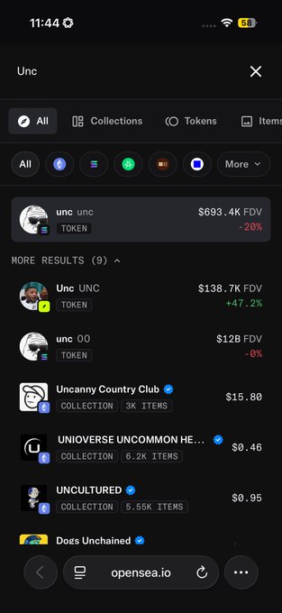 A mobile screenshot of OpenSea.io shows search results for 'unc' with tokens like 'unc' priced at $693.4K FDV and 'Unc' at $138.7K FDV.