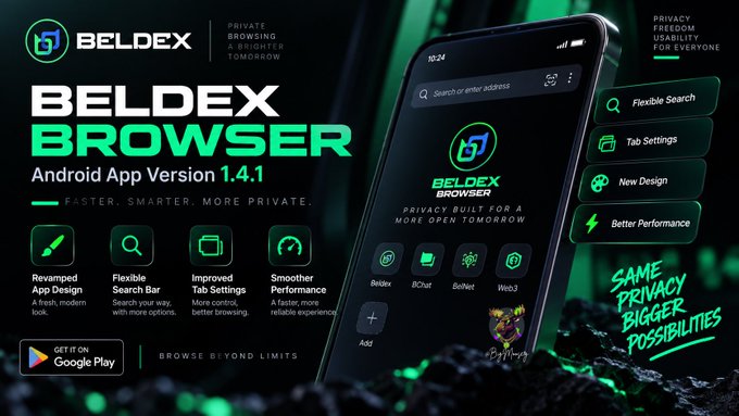 Promotional graphic for Beldex Browser Android App Version 1.4.1, highlighting features like Revamped App Design, Flexible Search Bar, Improved Tab Settings, and Smoother Performance, available on Google Play.