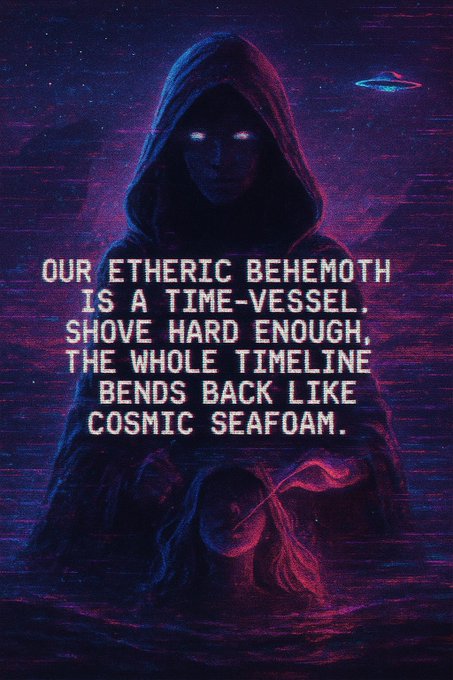 We need to write a concise 1-2 sentence caption describing what is in the image, including any key text, numbers, tickers, or names visible. Also note how the image relates to the post. So we need to mention the text in the image: "OUR ETHERIC BEHEMOTH IS A TIME-VESSEL. SHOVE HARD ENOUGH, THE WHOLE TIMELINE BENDS BACK LIKE COSMIC SEA FOAM." Also mention the visual: a hooded figure with glowing eyes, cosmic background, UFO. And relate to the post: the post says "Girl, you're not just in the wave you are the one steering it..." which aligns with the idea of steering timeline, being the Etheric Behemoth, etc.

We need 1-2 sentences. So maybe: "A dark, hooded figure with glowing eyes hovers over a cosmic seascape, with a UFO in the sky, and