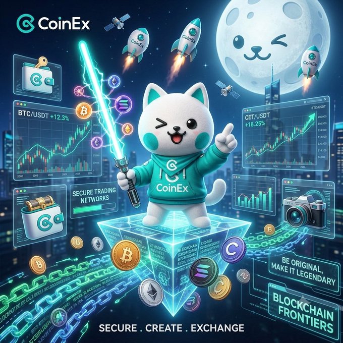 A promotional graphic for CoinEx featuring a white cat mascot in a green hoodie wielding a glowing green sword, surrounded by cryptocurrency charts and coins.