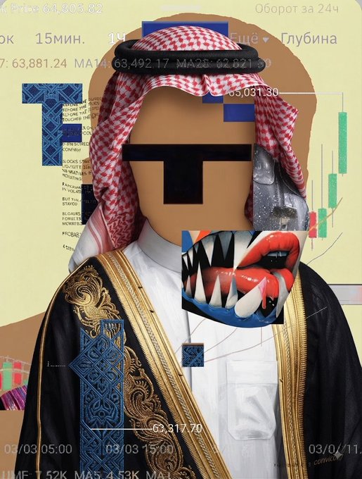 Digital collage artwork featuring a figure wearing traditional Arab keffiyeh and bisht garments, with surreal elements including a blacked-out face, shark-like teeth, and overlaid stock market charts and text.