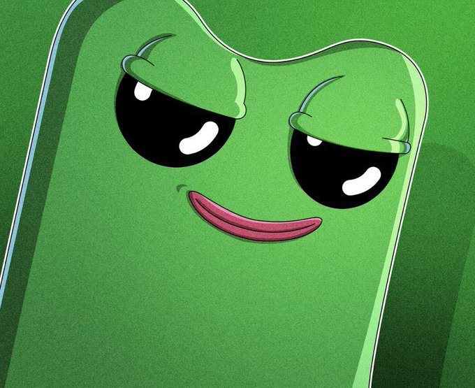 A close-up of a cartoonish green, jelly-like character with half-lidded black eyes and a smirking pink mouth.