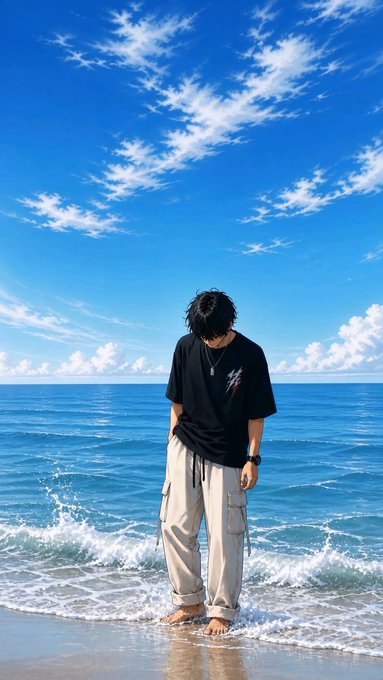 An anime-style illustration of a young man with dark hair standing barefoot at the edge of the ocean, wearing a black t-shirt and beige cargo pants under a bright blue sky with scattered clouds.