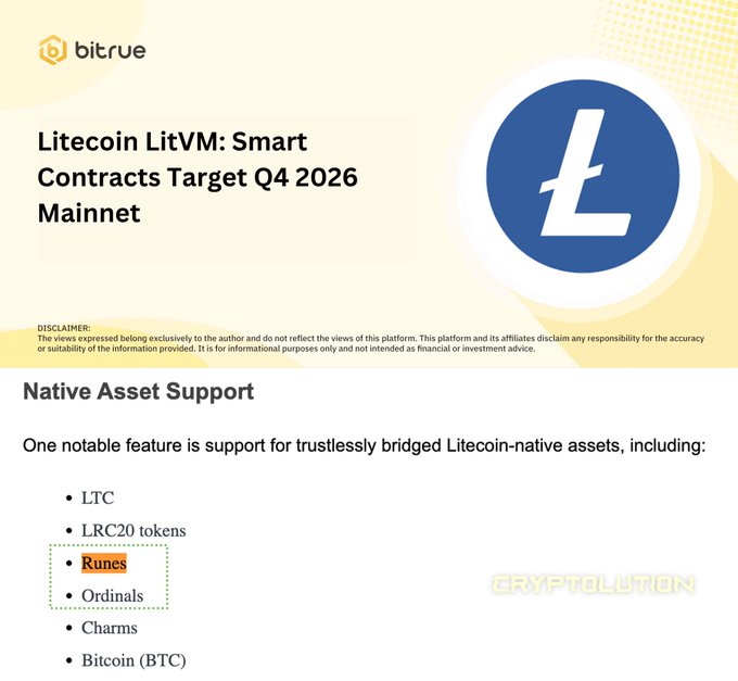 A Bitrue news graphic announces "Litecoin LitVM: Smart Contracts Target Q4 2026 Mainnet" alongside the Litecoin logo, highlighting its native asset support including LTC, LRC20 tokens, Runes, Ordinals, Charms, and Bitcoin (BTC)—with Runes visually emphasized in an orange box to underscore its inclusion in the upcoming EVM-compatible ecosystem.