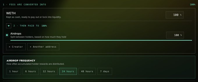 A digital interface showing settings for fee distribution: WETH at 100% paid to Airdrops, with an airdrop frequency option set to '24 hours' highlighted.