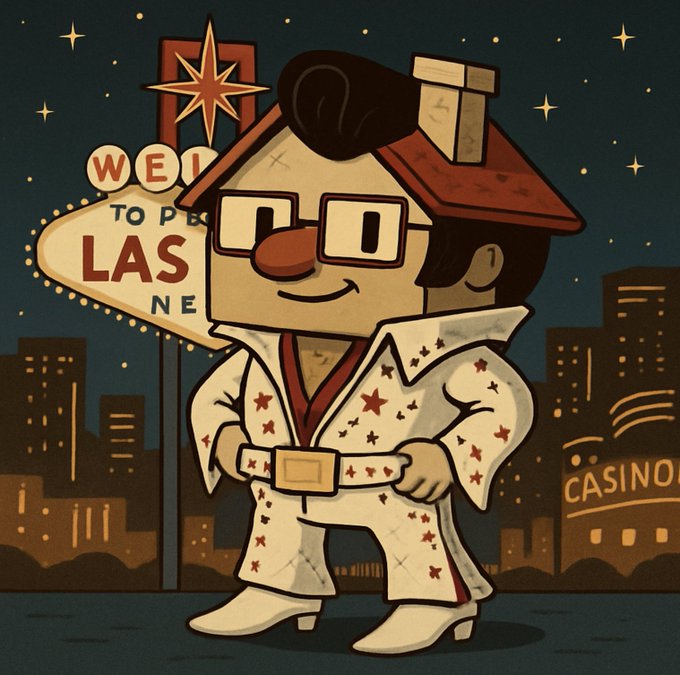 A cartoon character dressed as a house with glasses and an Elvis-style white star-studded jumpsuit stands in front of a Las Vegas-themed backdrop featuring the "Welcome to Fabulous Las Vegas Nevada" sign and a "Casino" building. The image's quirky, retro cartoon style fits the casual "banger" tone of the post about sniping a collectible deal.