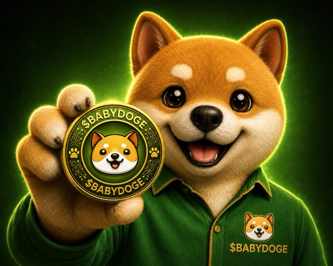 A digital illustration of a smiling Shiba Inu dog wearing a green polo shirt with a "$BABYDOGE" logo, holding up a gold coin that reads "$BABYDOGE" against a glowing green background.