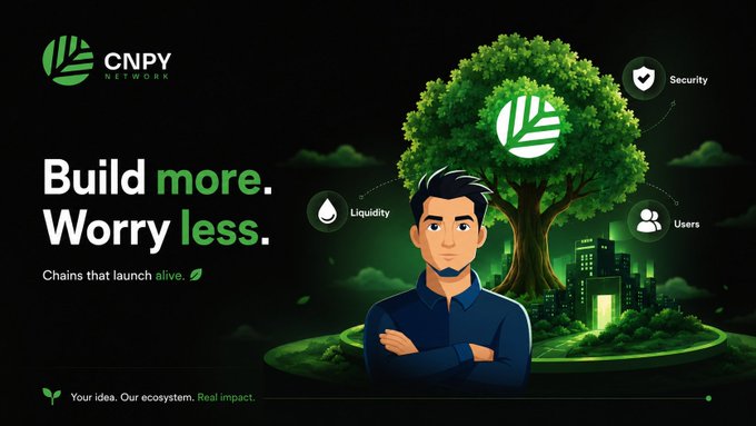 A promotional graphic for 'CNPY Network' with the tagline 'Build more. Worry less.' and 'Chains that launch alive,' featuring a cartoon man in front of a green tree and cityscape with icons for Security, Liquidity, and Users.
