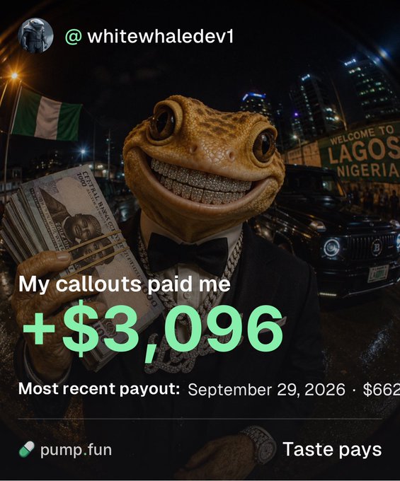 A promotional image for @whitewhaledev1 showing a frog character in a suit holding stacks of cash, with text reading 'My callouts paid me +$3,096' and 'Most recent payout: September 29, 2026,' along with pump.fun branding.