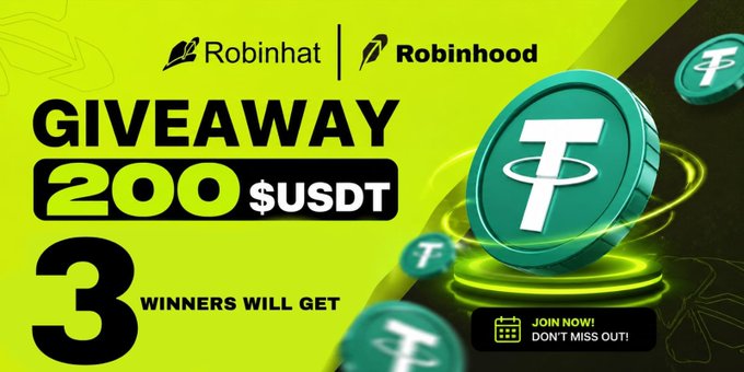 A Robinhat and Robinhood promotional banner advertising a giveaway of 200 USDT to 3 winners, featuring a large green Tether (USDT) coin graphic on a green and black background.