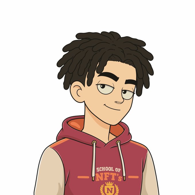 A cartoon portrait of a young man with dark curly hair wearing a maroon and tan hoodie that reads 'SCHOOL OF NFT'S' with a golden 'N' emblem beneath it.