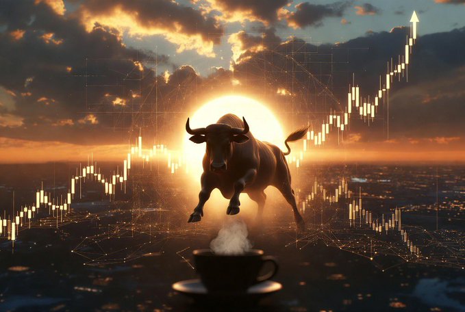 A charging bull leaps over a steaming coffee cup against a dramatic sunrise, with glowing upward-trending candlestick charts flanking either side—symbolizing a powerful, bullish market breakout to match the post's call for energized, unstoppable momentum.