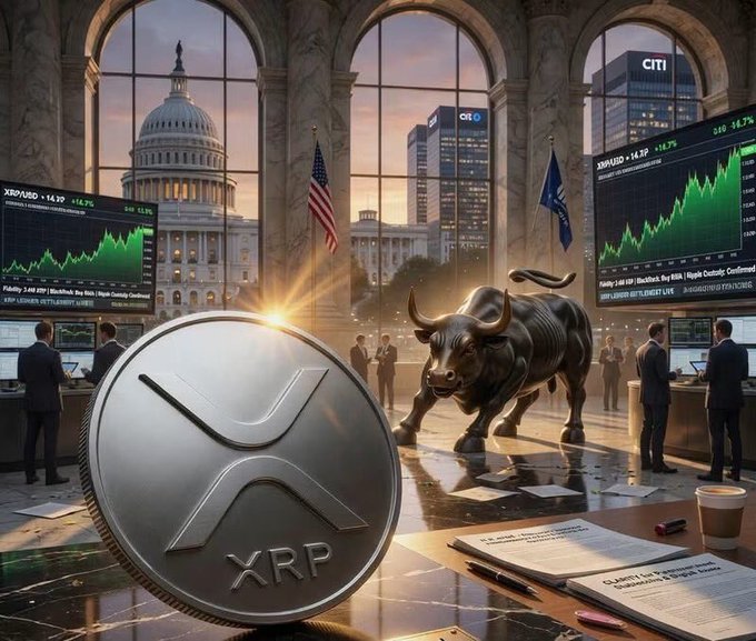 A digital illustration showing a large XRP coin and a charging bull statue in a grand hall with arched windows overlooking the U.S. Capitol, with green stock charts visible on displays.