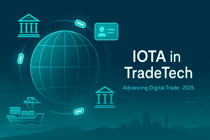 A promotional graphic with a teal/cyan color scheme featuring icons of a globe, buildings, an ID card, and a cargo ship, with text reading "IOTA in TradeTech - Advancing Digital Trade - 2025."