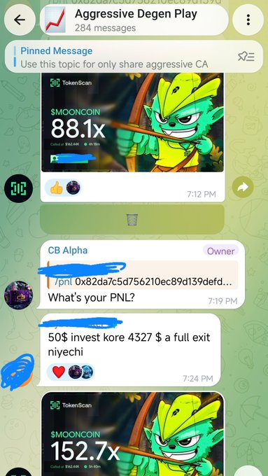 A screenshot of a Telegram chat titled 'Aggressive Degen Play' shows messages discussing crypto investments, specifically mentioning '$MOONCOIN' and '50$ invest kore 4327 $ a full exit niyechi'.