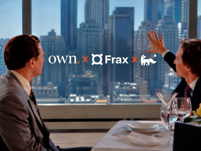 A meme using the famous Patrick Bateman 'business card' scene from American Psycho, overlaid with crypto project names: 'OWN. x Frax x' with an elephant logo.