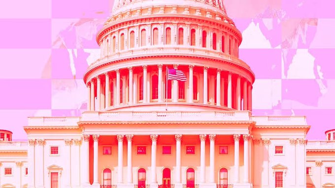 The image shows the U.S. Capitol building overlaid with a pink and white checkered pattern, symbolizing U.S. government and congressional action referenced in the accompanying post about Congressman RepTimmons discussing the bipartisan CLARITY Act at the Injective Summit.