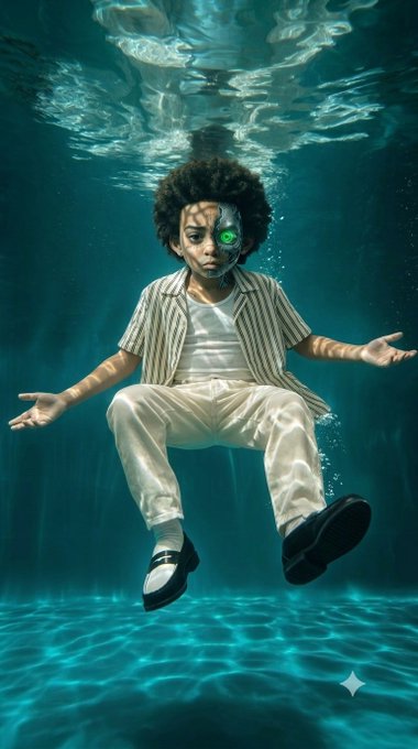 An artistic digital rendering of a young boy with a green glowing eye, floating underwater in a striped shirt and white pants.