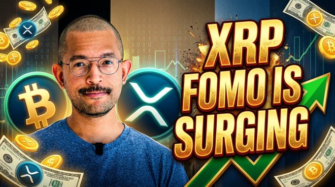 The image is a YouTube thumbnail featuring a man with a surprised expression surrounded by Bitcoin and XRP coin graphics, dollar bills, and an upward chart, with bold gold text reading "XRP FOMO IS SURGING." It visually promotes the video's claim that an IMF report has triggered strong bullish momentum (FOMO) around XRP's price.