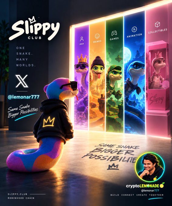 A promotional poster for "Slippy Club" featuring a colorful snake character wearing sunglasses and a hoodie, with text including "ONE SNAKE. MANY WORLDS.", "Same Snake Bigger Possibilities," and "@lemonar777 cryptoLEMONADE" near a Roblox-style 3D avatar.