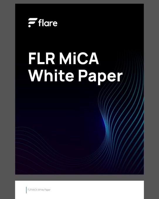 A cover page for a 'FLR MiCA White Paper' document featuring the Flare logo on a dark blue gradient background with wave-like line designs.
