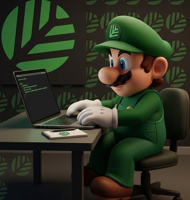 A 3D illustration of Luigi from the Mario franchise wearing green, typing on a laptop displaying code, with a notepad showing a green logo on the desk.
