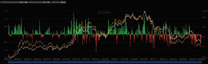 The image displays a Bitcoin spot ETF chart with a total net inflow of -$231.10M and total net assets of $73.19B, with the white line showing BTC price dropping to $94,692, illustrating the significant outflow from Bitcoin spot ETFs on June 29 as mentioned in the post. The green and red vertical bars represent daily inflows and outflows, visually emphasizing the net negative movement that coincides with the reported $231 million outflow.