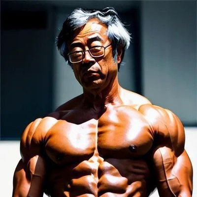 A digital artwork depicting an elderly Asian man with glasses and gray hair, featuring an exaggerated, hyper-muscular physique with a tanned complexion.