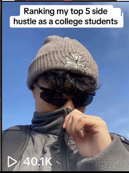 A low-angle selfie of a person wearing a beanie with a flower emblem and sunglasses, pulling up a fleece collar, with the text overlay 'Ranking my top 5 side hustle as a college students' and '40.1K' views.
