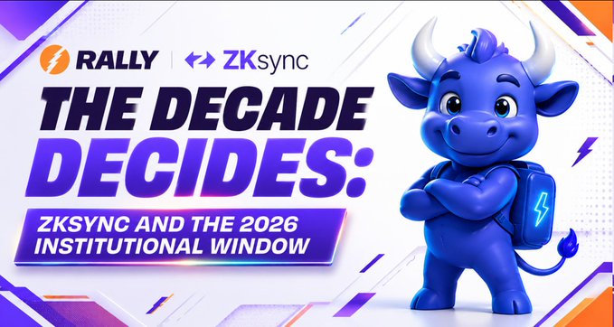 The image features a blue cartoon bull with horns standing next to a banner that says "The Decades decides." The bull has a backpack, suggesting that it might be a character from a story or movie. The text on the banner reads "zksync and the 2026 Institutional Window," which could indicate that the banks are settling on Ethereum in the year 2026 for their next decade of operations. This decision is based on the fact that they have chosen their counterparties, who will be responsible for handling settlements and transactions using Ethereum. The image also includes a lightning bolt icon, which might represent an important event or milestone related to this decision.