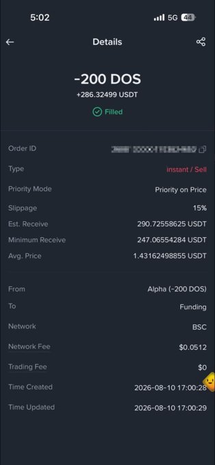 Mobile screenshot of a completed order on a crypto exchange showing the sale of -200 DOS for +286.32499 USDT on the BSC network via Alpha, with a 15% slippage and priority on price, dated 2026-08-10.
