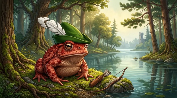 A whimsical digital illustration of a red toad wearing a green Robin Hood-style hat with a white feather, sitting by a forest lake with a bow and quiver beside it.