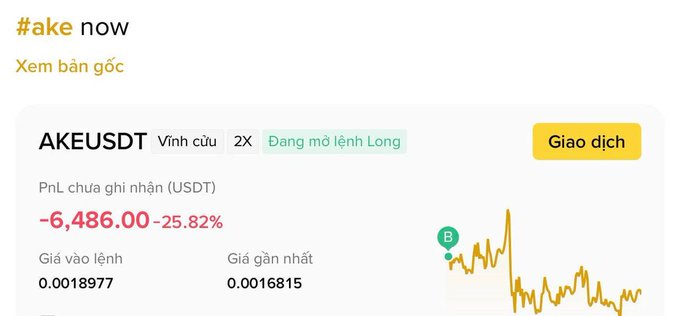 A trading dashboard shows a massive unrealized loss of -$6,486.00 (-25.82%) on an AKEUSDT long position with 2X leverage, entered at $0.001897 with a current price of $0.0016815, illustrating the devastating example referenced in the post about how leveraged long positions on manipulated tokens like $AKE result in heavy losses when developers dump their holdings.