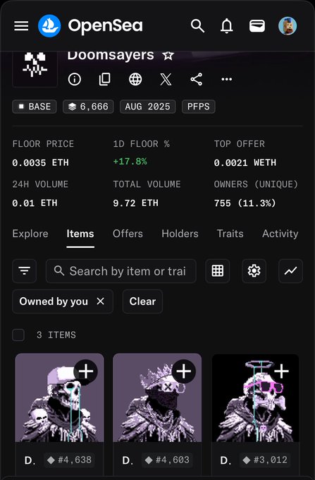 An OpenSea NFT collection page for 'Doomsayers' on the BASE blockchain, showing a floor price of 0.0035 ETH, 755 unique owners (11.3%), and three NFT items owned by the user.