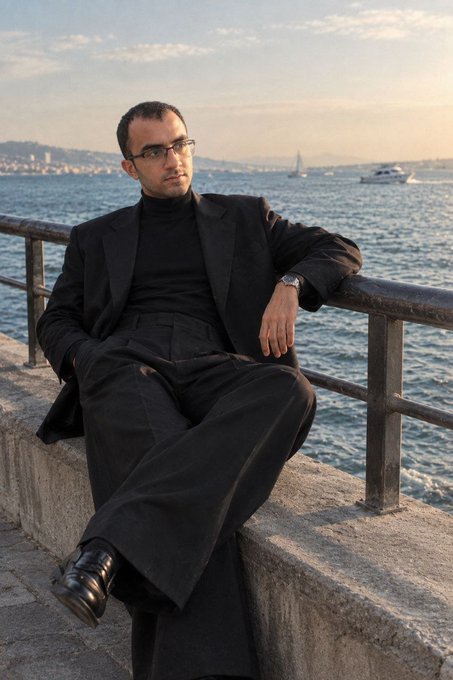 A man wearing glasses, a black turtleneck, and a black suit sits casually against a railing by the sea, with boats and a cityscape visible in the background.