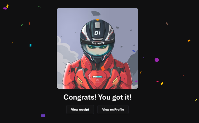 A digital NFT-style image of a character in red and black futuristic armor and helmet, with a 'Congrats! You got it!' message and buttons to 'View receipt' and 'View on Profile.'