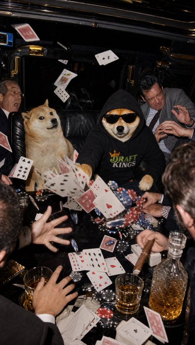 An AI-generated image of dogs playing poker, including a Shiba Inu wearing a DraftKings hoodie and sunglasses, with cards and poker chips flying around the table.