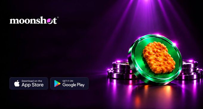 Moonshot mobile app advertisement featuring casino chips and a popcorn chicken in the center, with App Store and Google Play download buttons.