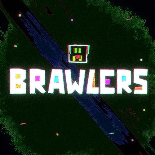 The image features a pixelated green character face above the bold, glitchy text "BRAWLERS" set against a dark, textured background with scattered colorful pixels. It visually reinforces the "Gm Brawlers" greeting by serving as a stylized logo or branding graphic for the Brawlers community.