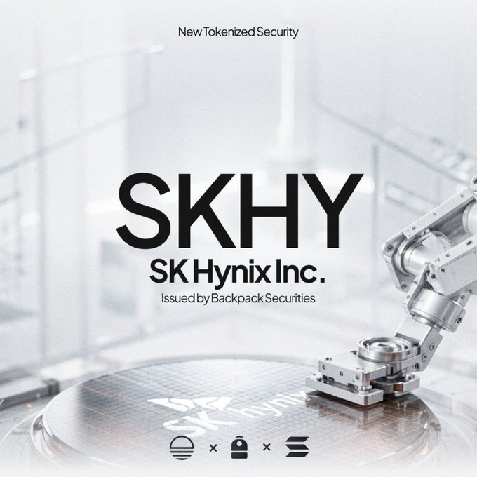 Promotional graphic for SKHY, a tokenized security of SK Hynix Inc. issued by Backpack Securities, featuring a robotic arm in a high-tech facility setting.