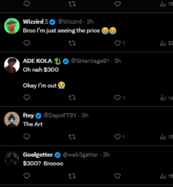A series of Twitter/X replies reacting to a price, with users including Wizzird, ADE KOLA, ftsy, and Goalgetter commenting about the $300 price point.
