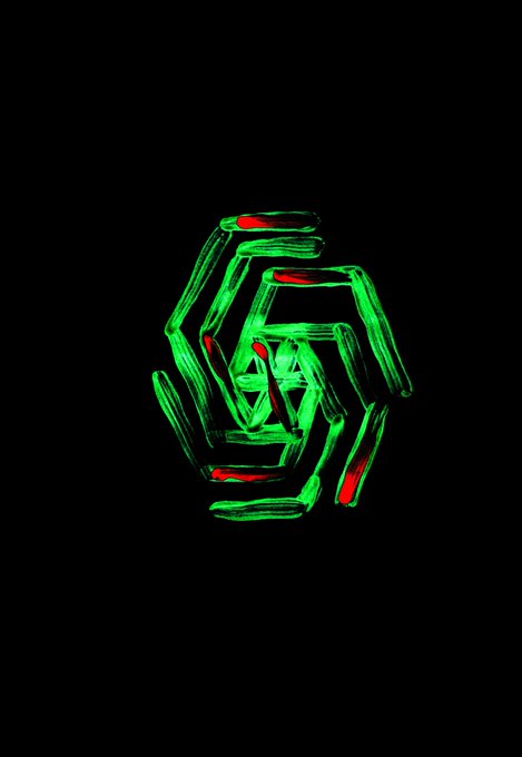 A glowing green wireframe 3D rendering of an abstract geometric or robotic face/head with red accents, displayed against a black background.