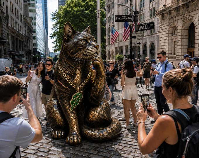 A bronze cat statue wearing a gold chain with a green gem pendant sits on cobblestones near Wall Street, while tourists take photos. The scene reflects the post's theme of "thinking billions," as the gold-adorned feline symbolizes wealth and financial success in NYC's financial district.