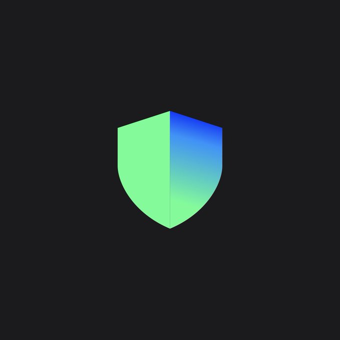 A minimalist shield logo split down the middle, with the left half in bright green and the right half fading from blue at the top to green at the bottom, set against a dark gray background.