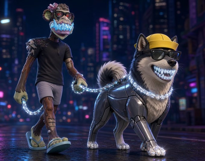A 3D-rendered illustration of a cyborg-like figure with red sunglasses walking a metallic dog wearing a yellow cap and sunglasses, both sporting jeweled smiles, against a cyberpunk cityscape.