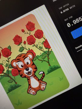 A phone screen displays a digital NFT artwork of a cartoon tiger cub among red roses, with a top offer of 0.8798 WETH and a buy now price of 0.985.